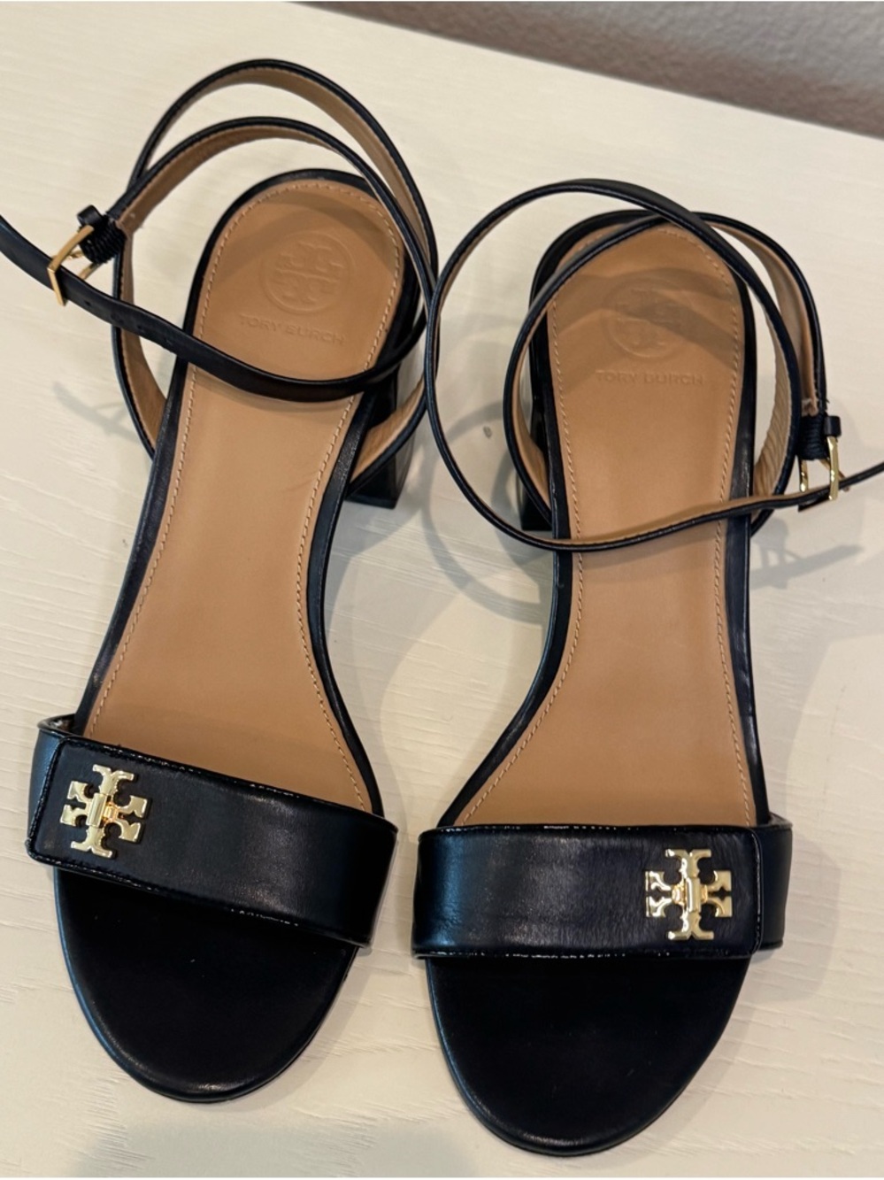 Tory Burch Black Leather Gold-Logo Ankle-Strap Sandals